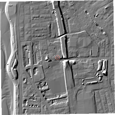 Shaded relief map of the ground around FY15FB, computed from Environment Agency LiDAR. The ground here sits at about 7 m above sea level and falls 12 m across the surrounding 800 m. Surface water reaching this point runs off ground lying to the west-south-west, 4.7 m higher.