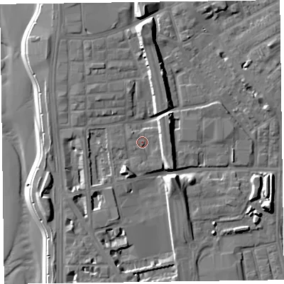 Shaded relief map of the ground around FY15FD, computed from Environment Agency LiDAR. The ground here sits at about 7 m above sea level and falls 13 m across the surrounding 800 m. Surface water reaching this point runs off ground lying to the south-east, 4.9 m higher.