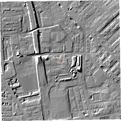 Shaded relief map of the ground around FY15FJ, computed from Environment Agency LiDAR. The ground here sits at about 6 m above sea level and falls 12 m across the surrounding 800 m. Surface water reaching this point runs off ground lying to the west, 4.2 m higher.
