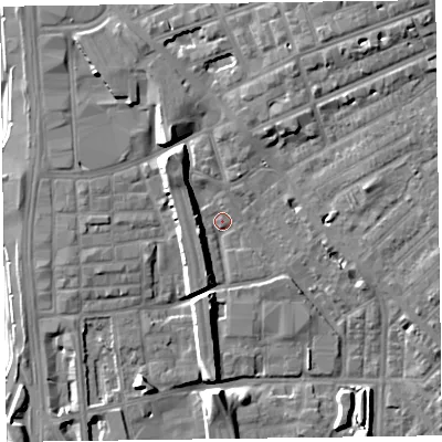 Shaded relief map of the ground around FY15HA, computed from Environment Agency LiDAR. The ground here sits at about 5 m above sea level and falls 14 m across the surrounding 800 m. Surface water reaching this point runs off ground lying to the north-north-east, 9.4 m higher.