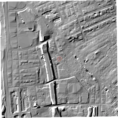 Shaded relief map of the ground around FY15HB, computed from Environment Agency LiDAR. The ground here sits at about 6 m above sea level and falls 14 m across the surrounding 800 m. Surface water reaching this point runs off ground lying to the north-north-east, 12.1 m higher.
