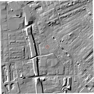 Shaded relief map of the ground around FY15HH, computed from Environment Agency LiDAR. The ground here sits at about 5 m above sea level and falls 13 m across the surrounding 800 m. Surface water reaching this point runs off ground lying to the north-east, 11.9 m higher.