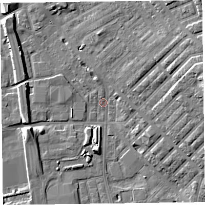 Shaded relief map of the ground around FY15HX, computed from Environment Agency LiDAR. The ground here sits at about 5 m above sea level and falls 18 m across the surrounding 800 m. Surface water reaching this point runs off ground lying to the north-east, 12.9 m higher.