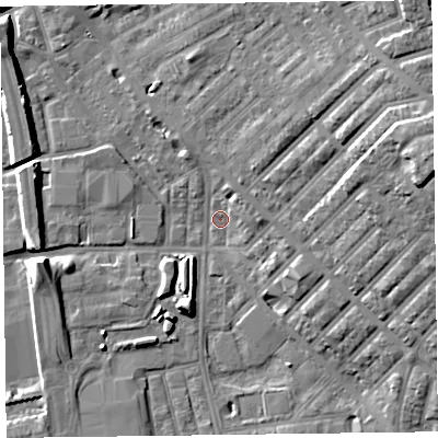 Shaded relief map of the ground around FY15HY, computed from Environment Agency LiDAR. The ground here sits at about 5 m above sea level and falls 18 m across the surrounding 800 m. Surface water reaching this point runs off ground lying to the north-east, 14.2 m higher.