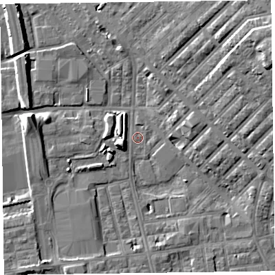 Shaded relief map of the ground around FY15JB, computed from Environment Agency LiDAR. The ground here sits at about 4 m above sea level and falls 18 m across the surrounding 800 m. Surface water reaching this point runs off ground lying to the west-south-west, 3.6 m higher.