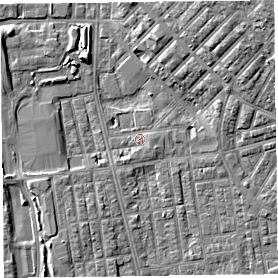 Shaded relief map of the ground around FY15JP, computed from Environment Agency LiDAR. The ground here sits at about 5 m above sea level and falls 15 m across the surrounding 800 m. Surface water reaching this point runs off ground lying to the south-east, 1.5 m higher.