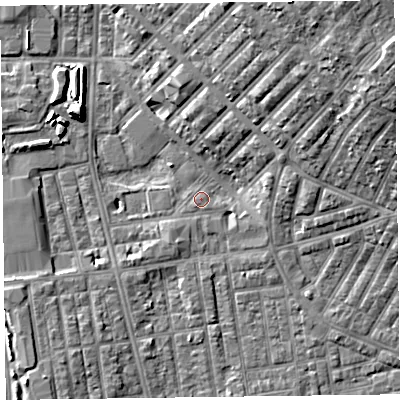 Shaded relief map of the ground around FY15JR, computed from Environment Agency LiDAR. The ground here sits at about 5 m above sea level and falls 17 m across the surrounding 800 m. Surface water reaching this point runs off ground lying to the north-east, 15.2 m higher.