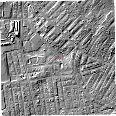 Shaded relief map of the ground around FY15JS, computed from Environment Agency LiDAR. The ground here sits at about 4 m above sea level and falls 17 m across the surrounding 800 m. Surface water reaching this point runs off ground lying to the north-east, 15.2 m higher.