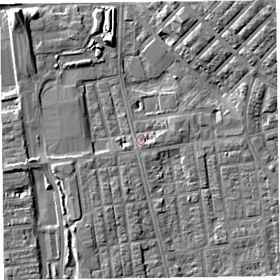 Shaded relief map of the ground around FY15JW, computed from Environment Agency LiDAR. The ground here sits at about 5 m above sea level and falls 12 m across the surrounding 800 m. Surface water reaching this point runs off ground lying to the south-south-west, 2.8 m higher.