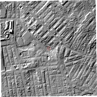 Shaded relief map of the ground around FY15JX, computed from Environment Agency LiDAR. The ground here sits at about 4 m above sea level and falls 18 m across the surrounding 800 m. Surface water reaching this point runs off ground lying to the north-east, 15.2 m higher.