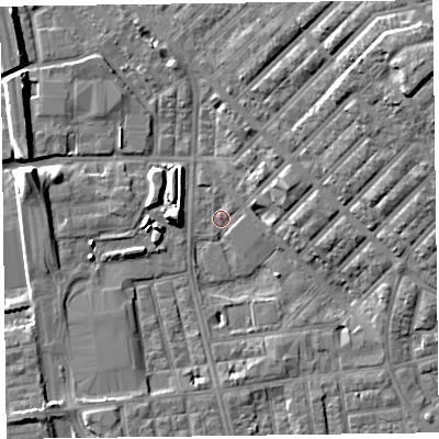Shaded relief map of the ground around FY15LD, computed from Environment Agency LiDAR. The ground here sits at about 4 m above sea level and falls 18 m across the surrounding 800 m. Surface water reaching this point runs off ground lying to the west-south-west, 3.6 m higher.