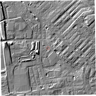 Shaded relief map of the ground around FY15LF, computed from Environment Agency LiDAR. The ground here sits at about 4 m above sea level and falls 18 m across the surrounding 800 m. Surface water reaching this point runs off ground lying to the north-east, 17.9 m higher.