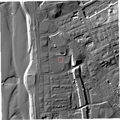 Shaded relief map of the ground around FY15RL, computed from Environment Agency LiDAR. The ground here sits at about 6 m above sea level and falls 16 m across the surrounding 800 m. Surface water reaching this point runs off ground lying to the north-east, 9.9 m higher.