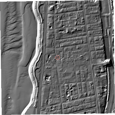 Shaded relief map of the ground around FY16AA, computed from Environment Agency LiDAR. The ground here sits at about 7 m above sea level and falls 12 m across the surrounding 800 m. Surface water reaching this point runs off ground lying to the south-south-east, 2.9 m higher.
