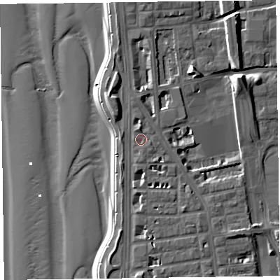 Shaded relief map of the ground around FY16AH, computed from Environment Agency LiDAR. The ground here sits at about 7 m above sea level and falls 13 m across the surrounding 800 m. Surface water reaching this point runs off ground lying to the north, 1.2 m higher.
