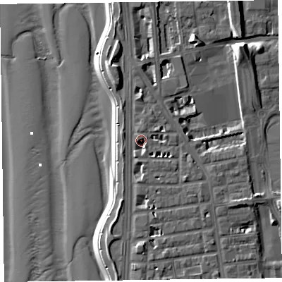Shaded relief map of the ground around FY16AJ, computed from Environment Agency LiDAR. The ground here sits at about 7 m above sea level and falls 13 m across the surrounding 800 m. Surface water reaching this point runs off ground lying to the south-south-east, 2.2 m higher.