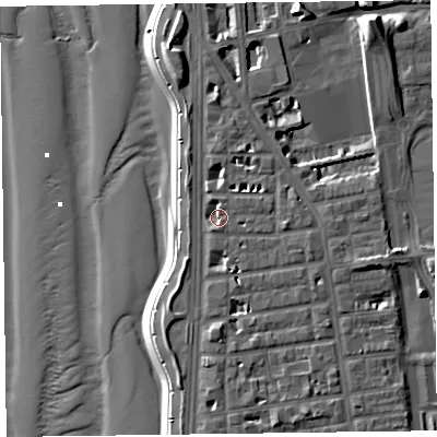 Shaded relief map of the ground around FY16AL, computed from Environment Agency LiDAR. The ground here sits at about 7 m above sea level and falls 13 m across the surrounding 800 m. Surface water reaching this point runs off ground lying to the south-south-west, 1.9 m higher.