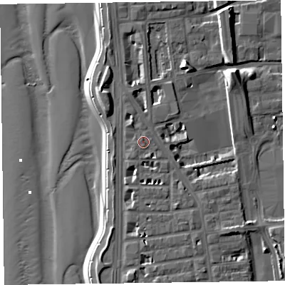 Shaded relief map of the ground around FY16AQ, computed from Environment Agency LiDAR. The ground here sits at about 7 m above sea level and falls 13 m across the surrounding 800 m. Surface water reaching this point runs off ground lying to the south-south-east, 1.0 m higher.