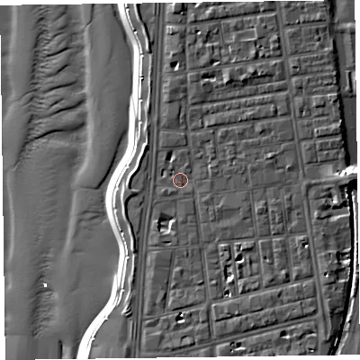 Shaded relief map of the ground around FY16BG, computed from Environment Agency LiDAR. The ground here sits at about 7 m above sea level and falls 13 m across the surrounding 800 m. Surface water reaching this point runs off ground lying to the south-south-east, 2.9 m higher.