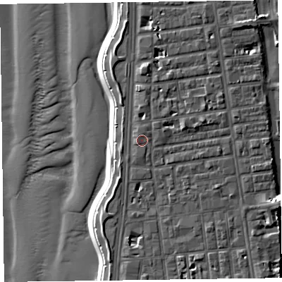 Shaded relief map of the ground around FY16BH, computed from Environment Agency LiDAR. The ground here sits at about 8 m above sea level and falls 13 m across the surrounding 800 m. Surface water reaching this point runs off ground lying to the north-north-east, 0.7 m higher.