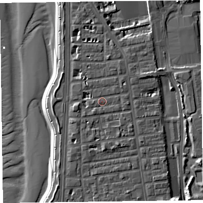 Shaded relief map of the ground around FY16BP, computed from Environment Agency LiDAR. The ground here sits at about 8 m above sea level and falls 11 m across the surrounding 800 m. Surface water reaching this point runs off ground lying to the south-west, 0.9 m higher.
