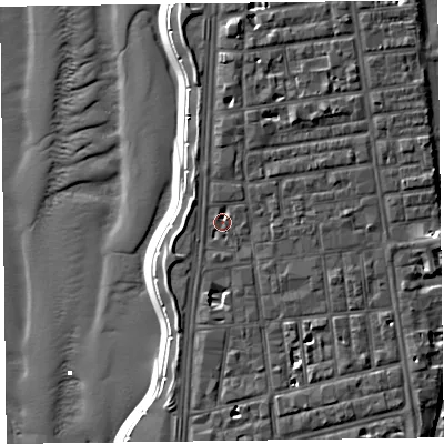 Shaded relief map of the ground around FY16BQ, computed from Environment Agency LiDAR. The ground here sits at about 7 m above sea level and falls 13 m across the surrounding 800 m. Surface water reaching this point runs off ground lying to the north-east, 3.1 m higher.