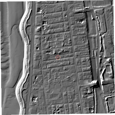 Shaded relief map of the ground around FY16BZ, computed from Environment Agency LiDAR. The ground here sits at about 8 m above sea level and falls 11 m across the surrounding 800 m. Surface water reaching this point runs off ground lying to the north-east, 1.9 m higher.