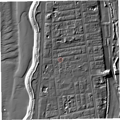 Shaded relief map of the ground around FY16DB, computed from Environment Agency LiDAR. The ground here sits at about 7 m above sea level and falls 12 m across the surrounding 800 m. Surface water reaching this point runs off ground lying to the east-south-east, 1.3 m higher.