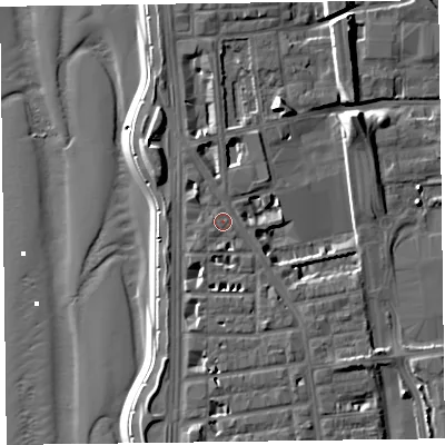 Shaded relief map of the ground around FY16DU, computed from Environment Agency LiDAR. The ground here sits at about 7 m above sea level and falls 12 m across the surrounding 800 m. Surface water reaching this point runs off ground lying to the south, 1.0 m higher.