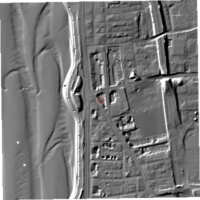 Shaded relief map of the ground around FY16DX, computed from Environment Agency LiDAR. The ground here sits at about 6 m above sea level and falls 13 m across the surrounding 800 m. Surface water reaching this point runs off ground lying to the north-north-west, 2.3 m higher.