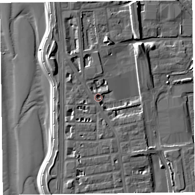 Shaded relief map of the ground around FY16DY, computed from Environment Agency LiDAR. The ground here sits at about 6 m above sea level and falls 12 m across the surrounding 800 m. Surface water reaching this point runs off ground lying to the south-south-east, 4.0 m higher.