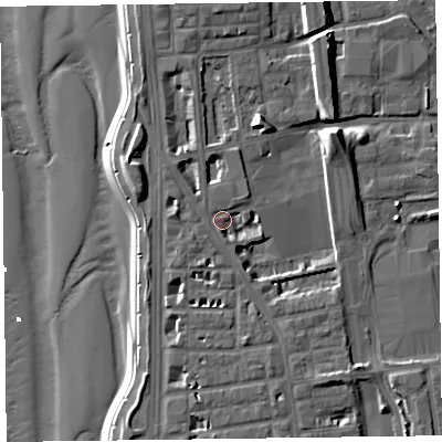 Shaded relief map of the ground around FY16EA, computed from Environment Agency LiDAR. The ground here sits at about 7 m above sea level and falls 12 m across the surrounding 800 m. Surface water reaching this point runs off ground lying to the west, 3.9 m higher.