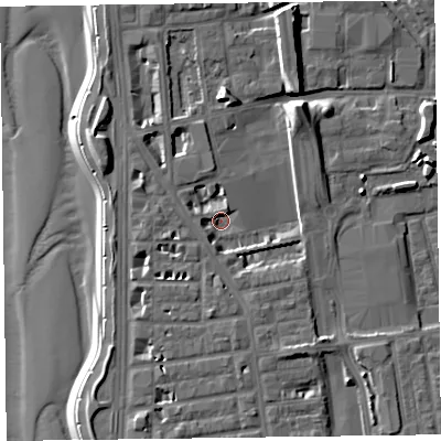 Shaded relief map of the ground around FY16EB, computed from Environment Agency LiDAR. The ground here sits at about 5 m above sea level and falls 12 m across the surrounding 800 m. Surface water reaching this point runs off ground lying to the south, 4.0 m higher.