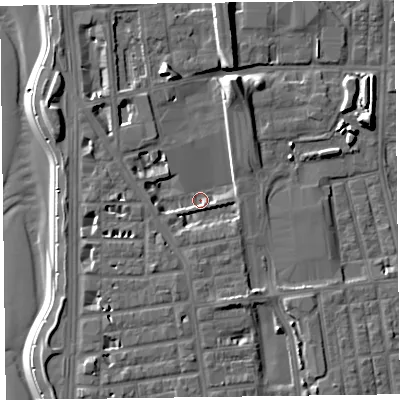 Shaded relief map of the ground around FY16EE, computed from Environment Agency LiDAR. The ground here sits at about 5 m above sea level and falls 10 m across the surrounding 800 m. Surface water reaching this point runs off ground lying to the north-east, 2.9 m higher.