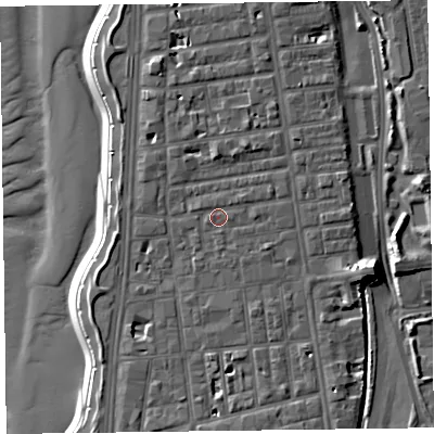 Shaded relief map of the ground around FY16HA, computed from Environment Agency LiDAR. The ground here sits at about 8 m above sea level and falls 11 m across the surrounding 800 m. Surface water reaching this point runs off ground lying to the east-south-east, 1.1 m higher.