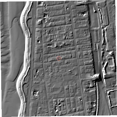 Shaded relief map of the ground around FY16HB, computed from Environment Agency LiDAR. The ground here sits at about 8 m above sea level and falls 11 m across the surrounding 800 m. Surface water reaching this point runs off ground lying to the east-north-east, 0.9 m higher.