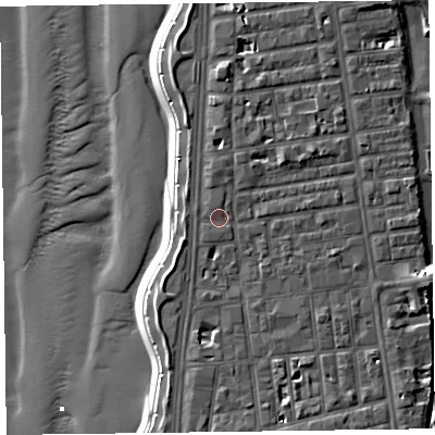 Shaded relief map of the ground around FY16HD, computed from Environment Agency LiDAR. The ground here sits at about 7 m above sea level and falls 13 m across the surrounding 800 m. Surface water reaching this point runs off ground lying to the north, 0.9 m higher.