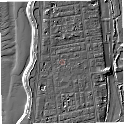 Shaded relief map of the ground around FY16HE, computed from Environment Agency LiDAR. The ground here sits at about 7 m above sea level and falls 12 m across the surrounding 800 m. Surface water reaching this point runs off ground lying to the east, 1.1 m higher.