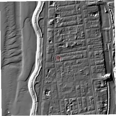 Shaded relief map of the ground around FY16HU, computed from Environment Agency LiDAR. The ground here sits at about 7 m above sea level and falls 12 m across the surrounding 800 m. Surface water reaching this point runs off ground lying to the north-east, 2.5 m higher.