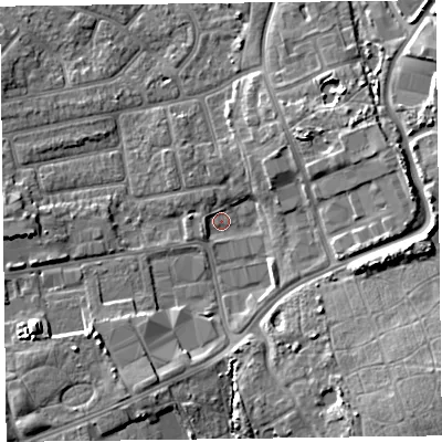 Shaded relief map of the ground around FY20BF, computed from Environment Agency LiDAR. The ground here sits at about 6 m above sea level and falls 10 m across the surrounding 800 m. Surface water reaching this point runs off ground lying to the west-south-west, 1.7 m higher.