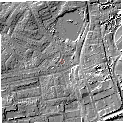 Shaded relief map of the ground around FY20BP, computed from Environment Agency LiDAR. The ground here sits at about 7 m above sea level and falls 10 m across the surrounding 800 m. Surface water reaching this point runs off ground lying to the east-north-east, 1.6 m higher.