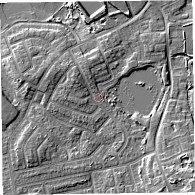 Shaded relief map of the ground around FY20BT, computed from Environment Agency LiDAR. The ground here sits at about 7 m above sea level and falls 9 m across the surrounding 800 m. Surface water reaching this point runs off ground lying to the north-west, 3.0 m higher.