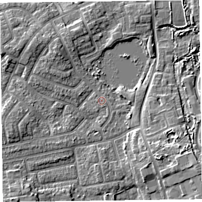 Shaded relief map of the ground around FY20BW, computed from Environment Agency LiDAR. The ground here sits at about 7 m above sea level and falls 9 m across the surrounding 800 m. Surface water reaching this point runs off ground lying to the east-south-east, 0.7 m higher.