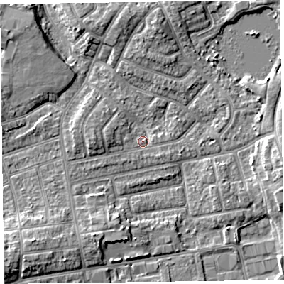 Shaded relief map of the ground around FY20DN, computed from Environment Agency LiDAR. The ground here sits at about 7 m above sea level and falls 7 m across the surrounding 800 m. Surface water reaching this point runs off ground lying to the west, 3.6 m higher.