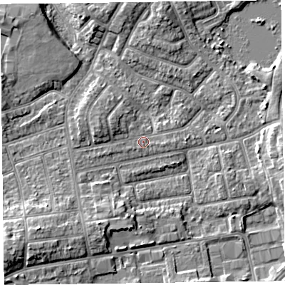 Shaded relief map of the ground around FY20DP, computed from Environment Agency LiDAR. The ground here sits at about 7 m above sea level and falls 7 m across the surrounding 800 m. Surface water reaching this point runs off ground lying to the west-north-west, 2.3 m higher.