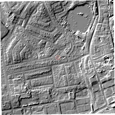 Shaded relief map of the ground around FY20DR, computed from Environment Agency LiDAR. The ground here sits at about 7 m above sea level and falls 8 m across the surrounding 800 m. Surface water reaching this point runs off ground lying to the south-west, 6.0 m higher.
