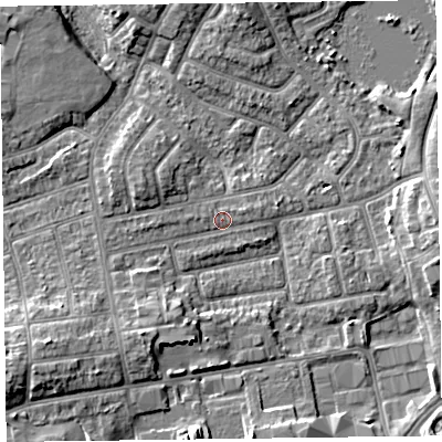 Shaded relief map of the ground around FY20DS, computed from Environment Agency LiDAR. The ground here sits at about 7 m above sea level and falls 7 m across the surrounding 800 m. Surface water reaching this point runs off ground lying to the south-west, 4.3 m higher.