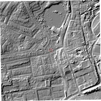 Shaded relief map of the ground around FY20DT, computed from Environment Agency LiDAR. The ground here sits at about 7 m above sea level and falls 10 m across the surrounding 800 m. Surface water reaching this point runs off ground lying to the south-east, 4.6 m higher.