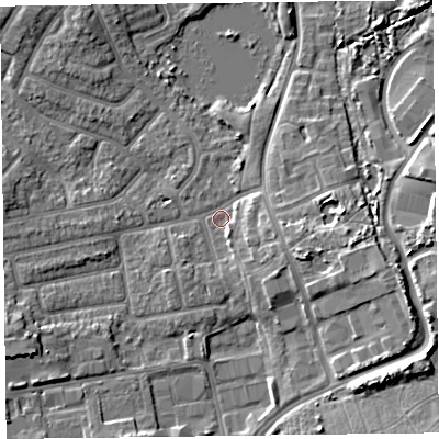 Shaded relief map of the ground around FY20DU, computed from Environment Agency LiDAR. The ground here sits at about 7 m above sea level and falls 10 m across the surrounding 800 m. Surface water reaching this point runs off ground lying to the east-south-east, 4.6 m higher.