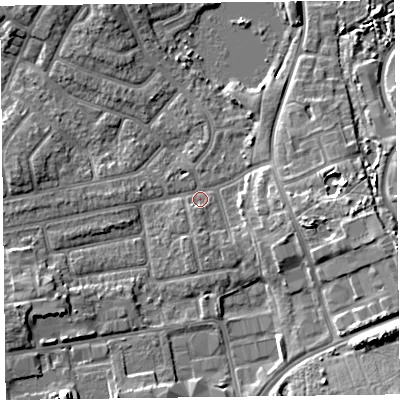 Shaded relief map of the ground around FY20DY, computed from Environment Agency LiDAR. The ground here sits at about 7 m above sea level and falls 9 m across the surrounding 800 m. Surface water reaching this point runs off ground lying to the east-south-east, 4.7 m higher.